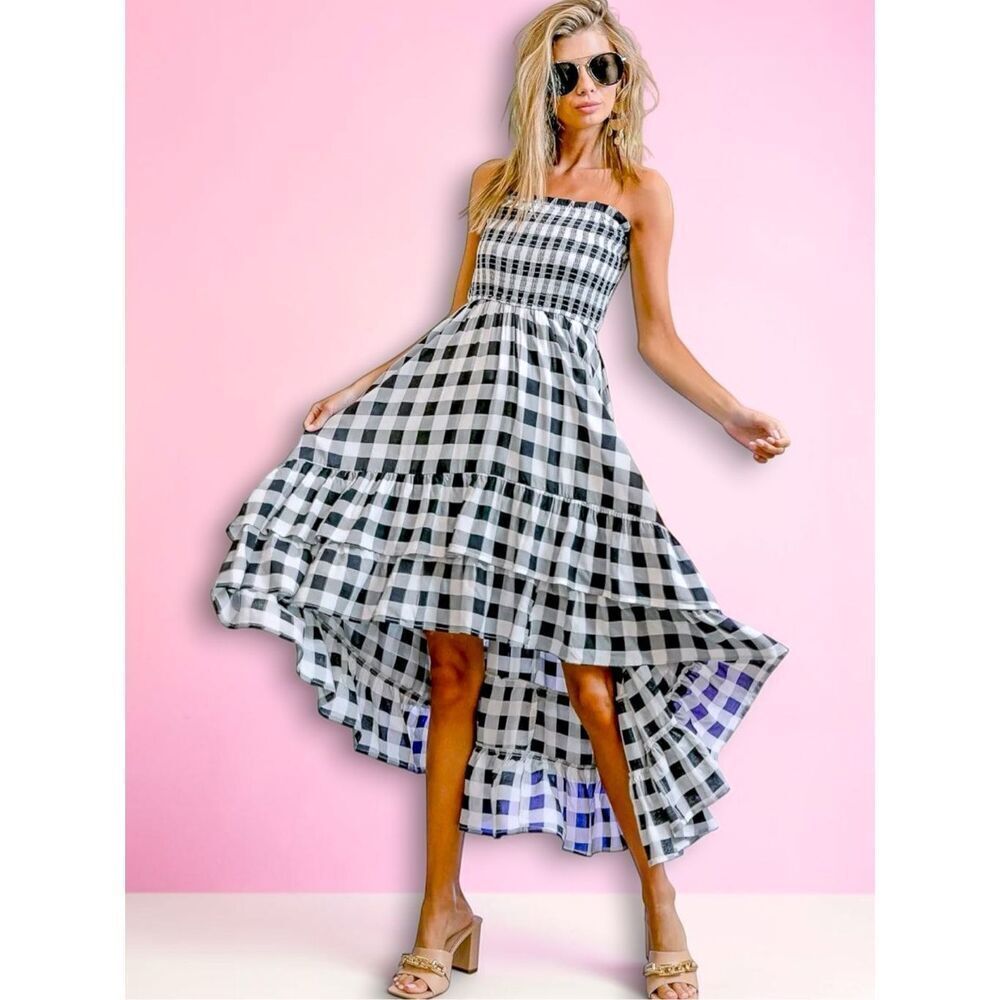 Bibi Smocked Gingham Midi Dress Strapless High Low Ruffle XL NWT